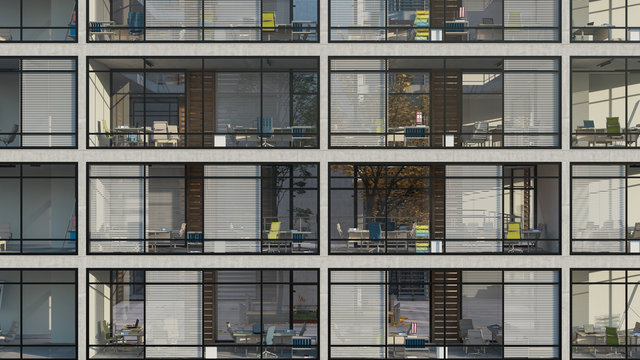 External View of a Multi Story Office Building in Broad Daylight 3D Rendering