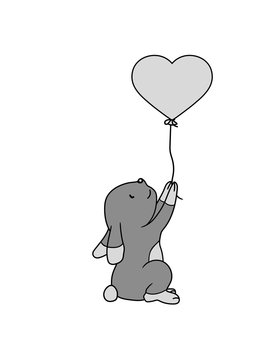 gray bunny holding heart balloon clip art preview