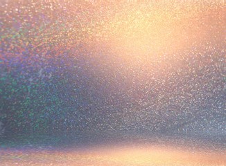 Fantastic room 3d background. Shimmer wall and floor blurred texture. Golden sparkles and iridescent shade. Luxury studio illustration.