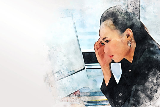 Abstract beautiful business woman thinking and sadness for work on watercolor illustration painting background.