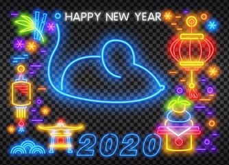 2020 Chinese New Year neon sign, bright signboard, light banner. Chinese logo neon, emblem. 2020 Chinese. Vector illustration