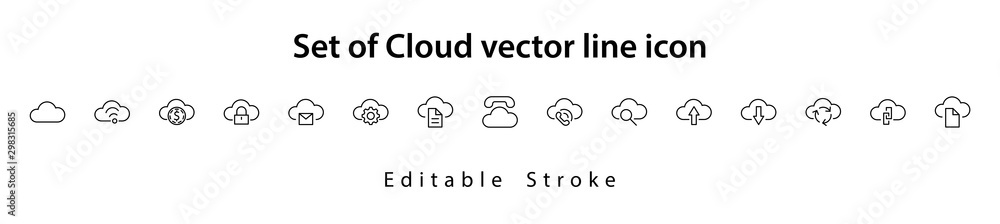 Poster set of cloud vector line icon. it contains symbols to upload, download, link and more. editable stro