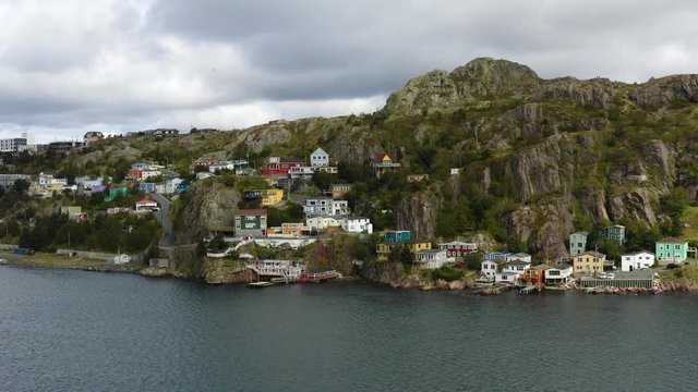 Aerial view of ocean and townhouses in newfoundland