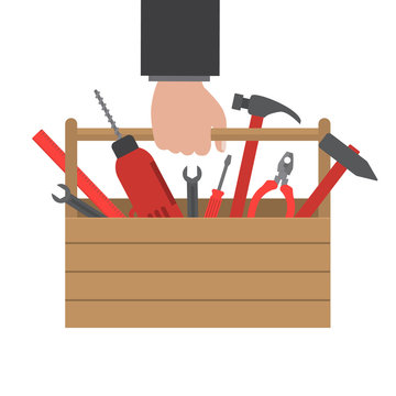 Toolbox in hand. Work tools in a wooden box. There is a drill, hammer, screwdriver, wrench, pliers, ruler in the picture. Vector illustration on a white background
