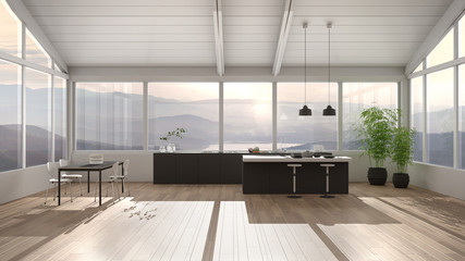 Modern minimalist kitchen with island and dining table with chairs, parquet floor, wooden roof and big panoramic windows with mountain view, sunset sunrise, lake, interior design idea