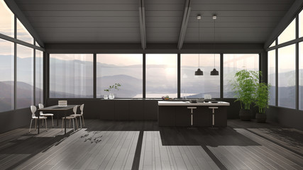 Fototapeta na wymiar Modern minimalist kitchen with island and dining table with chairs, parquet floor, wooden roof and big panoramic windows with mountain view, sunset sunrise, lake, interior design idea