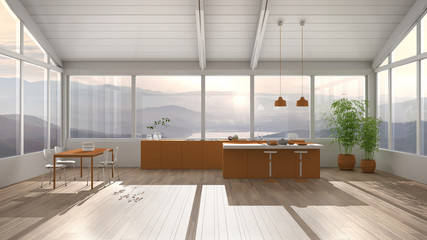 Modern minimalist orange colored kitchen with island and dining table with chairs, parquet, wooden roof and big panoramic windows with mountain view, interior design concept idea