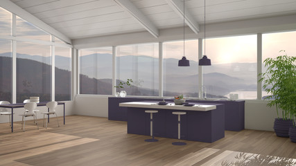 Modern minimalist violet colored kitchen with island and dining table with chairs, parquet, wooden roof and big panoramic windows with mountain view, interior design concept idea