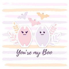 Lovely Kittens with Halloween Bats. You're My Boo message. Little Spirit Boy and Girl. Nursery wallpaper, kids postcard, sticker, fashion. Smiling Cartoon character. Vector Print