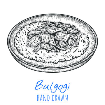 Bulgogi Korean dish, hand drawn vector illustration, isolated sketched art.