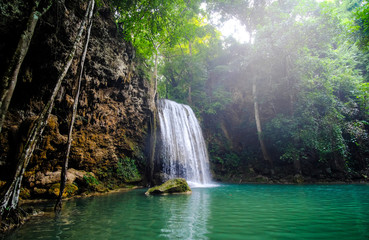 Fototapeta na wymiar Erawan Waterfall in summer, Erawan National Park in Kanchanaburi, Thailand