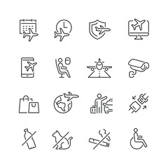 Airport related icons: thin vector icon set, black and white kit