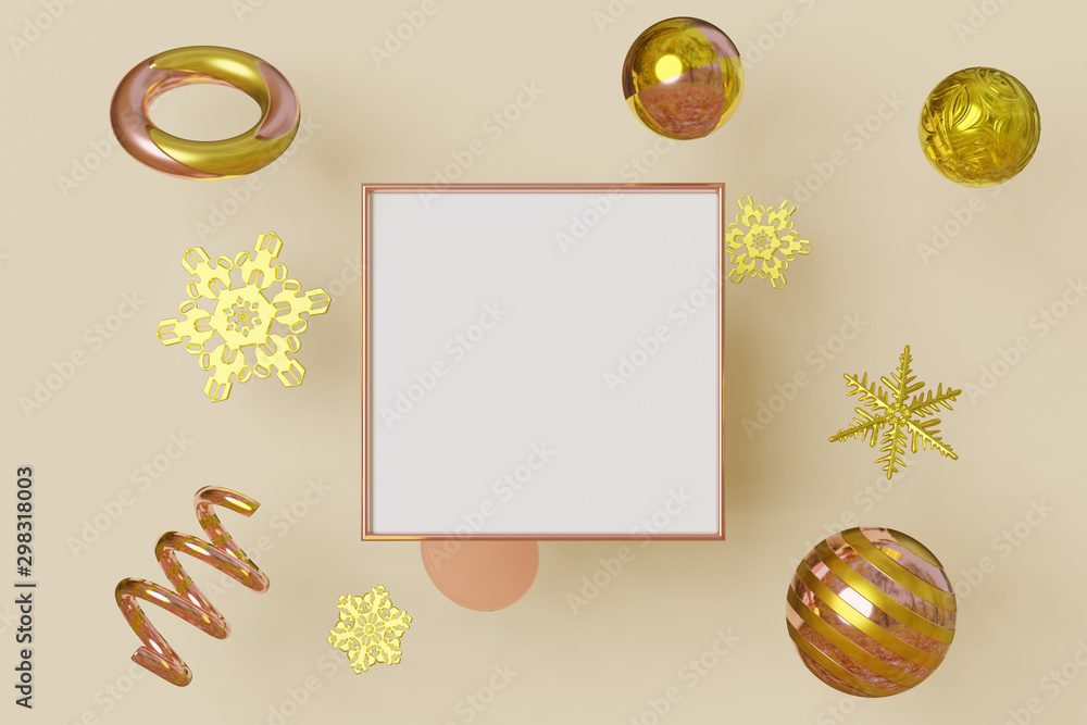 Fototapete square mockup picture frame gold color flies on cream background with metallic snowflake in geometri