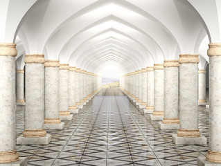 Hall with columns and vaulted ceiling 3D illustration 3D rendering