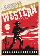 Western movies marathon retro poster design layout. Cinema festival. Vintage film poster template with cowboy and wild west landscape.