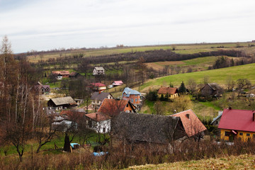 Moszczenica Village in spring. Beskids Mountains, Poland.