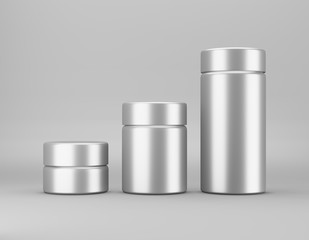 Set of glossy metal jar mockup on gray background. Template packaging food, cosmetics, chemistry different size big, medium, small. 3D rendering
