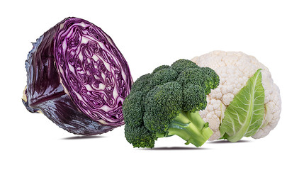 Fresh red cabbage,  broccoli and cauliflower isolated on white background with clipping path