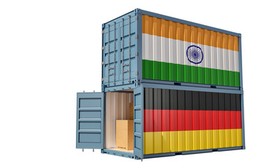 Fototapeta premium Two freight container with India and Germany flag. Isolated on white - 3D Rendering
