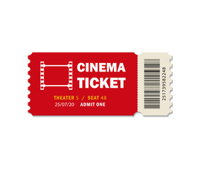 Ticket of cinema for movie. Template red VIP entry pass tickets for theater, festival, cinema on isolated background. Pass ticket on film. 3d paper coupon icon. vector illustration eps10