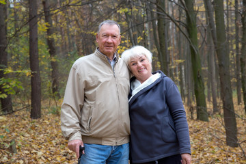 Happy elderly couple walking in an autumn park