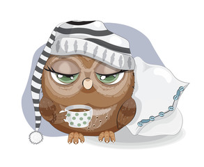 Sleepy Owl with cup of coffee