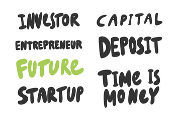 Investor, capital, deposit, money, startup, future. Vector hand drawn stickers collection set illustration with cartoon lettering. 