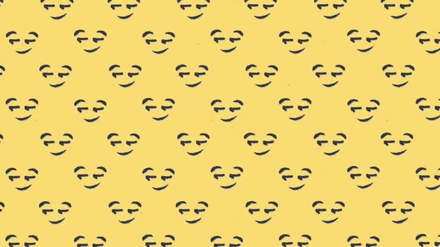A funny animation: a repeated pattern of a smirking face, moving towards the upper left angle of the screen; yellow background.
