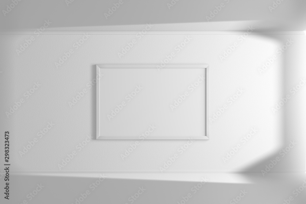 Poster horizontal mockup picture frame of white color hanging on the wall. simple interior. bright room. li