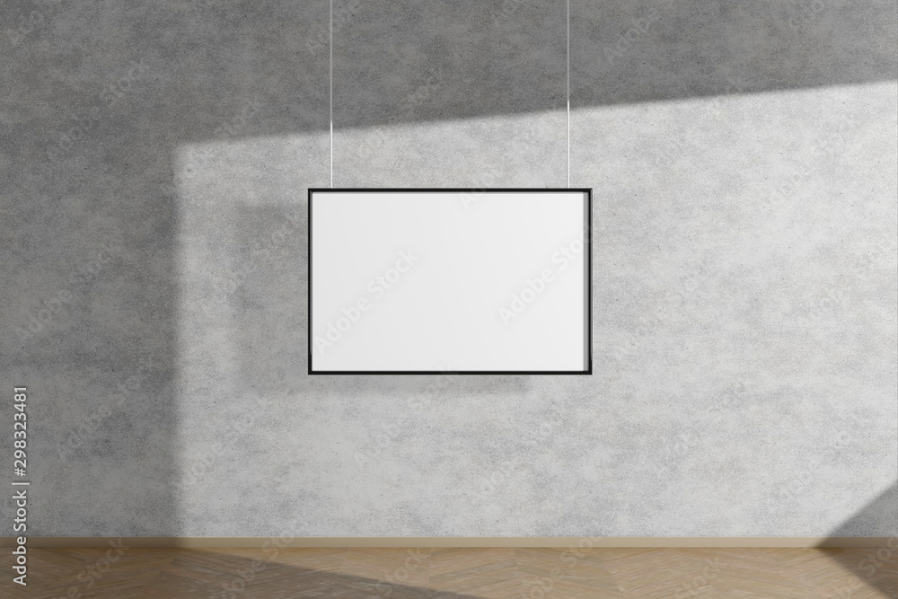 Poster horizontal mock up picture frame in black hanging on concrete wall simple interior dark room light a