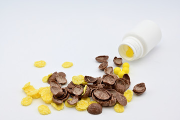 Photo of oatmeal, vitamins on a white background. Healthy food concept.