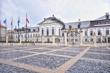 Naklejka premium Bratislava, Slovakia - April, 2019. Government of Bratislava. Bratislava historical center. Streets of Bratislava old town with tourist attractions.