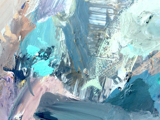 The concept of modern art. Delicate blue, green, turquoise, oil on the palette close-up. Hand drawn background. Abstract wallpaper. Blurred image.
