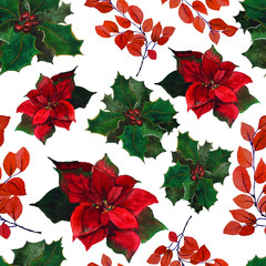 Christmas poinsettia and holly with berries seamless pattern, watercolor flower