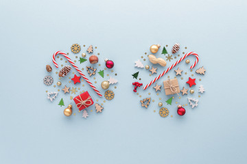 Christmas composition. Candy cane gift bauble star fir se top view background with copy space for your text. Flat lay.