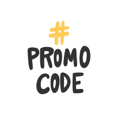 Promo, code, hashtag. Vector hand drawn sticker illustration with cartoon lettering. 