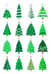 Christmas trees collection of flat vector. New Years and xmas tree icon with garlands, light bulb, star, snowflakes.