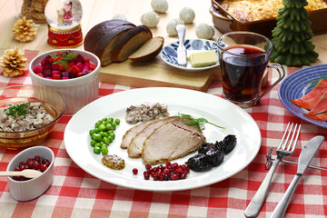 traditional finnish christmas food, christmas ham, beets salad, smoked salmon, mushroom salad, potato casserole, mulled wine