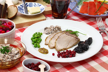 traditional finnish christmas food, christmas ham, beets salad, smoked salmon, mushroom salad, potato casserole, mulled wine