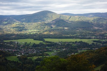 Naklejka premium Beskydy mountains with Hradek village from Loucka. Silesian region, Czech republic, Europe.