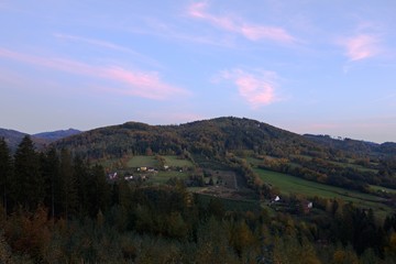 Fototapeta na wymiar Landscape in autumn evening, blue hour. Bystrice, Beskydy mountains, Czech republic.