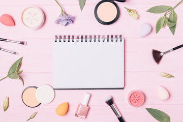 Makeup products powders, blush, sponges and brushes