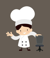 Cute Cartoon Chef - Standing with Chair and Gesturing with Hand