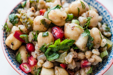 Chickpea Salad with Wheat, Pomegranate Seeds and Parsley