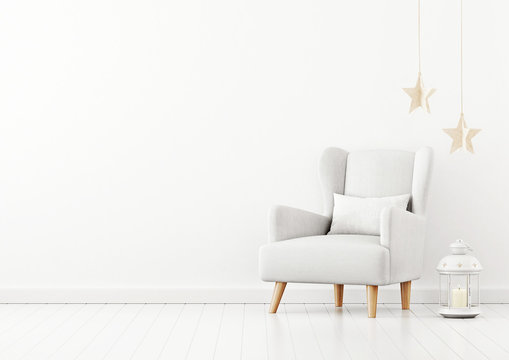Christmas living room interior wall mockup with white armchair, pillow, candle lantern and star garland on empty white background. 3D rendering, illustration.