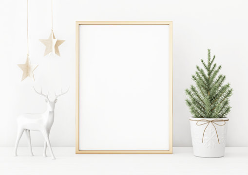 Vertical christmas poster mockup with golden frame, fir tree, star garland and deer on white wall background. 3D rendering, illustration.