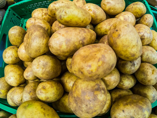 Background with mixed yellow potatoes for sauce or salads - seasonal food with vitamins for vegetarian or vegan people -market business concept