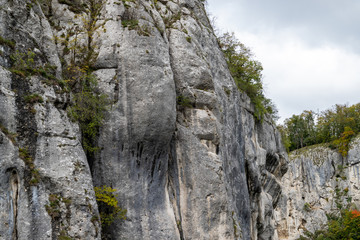 Close-up of limestone rock formation at Danube breakthrough near Kelheim, Bavaria, Germany in autumn