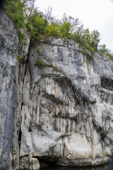 Close-up of limestone rock formation at Danube breakthrough near Kelheim, Bavaria, Germany in autumn