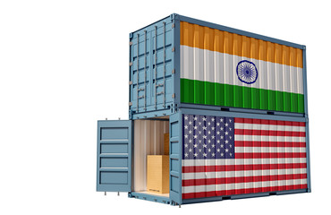 Two freight container with India and USA flag. Isolated on white - 3D Rendering